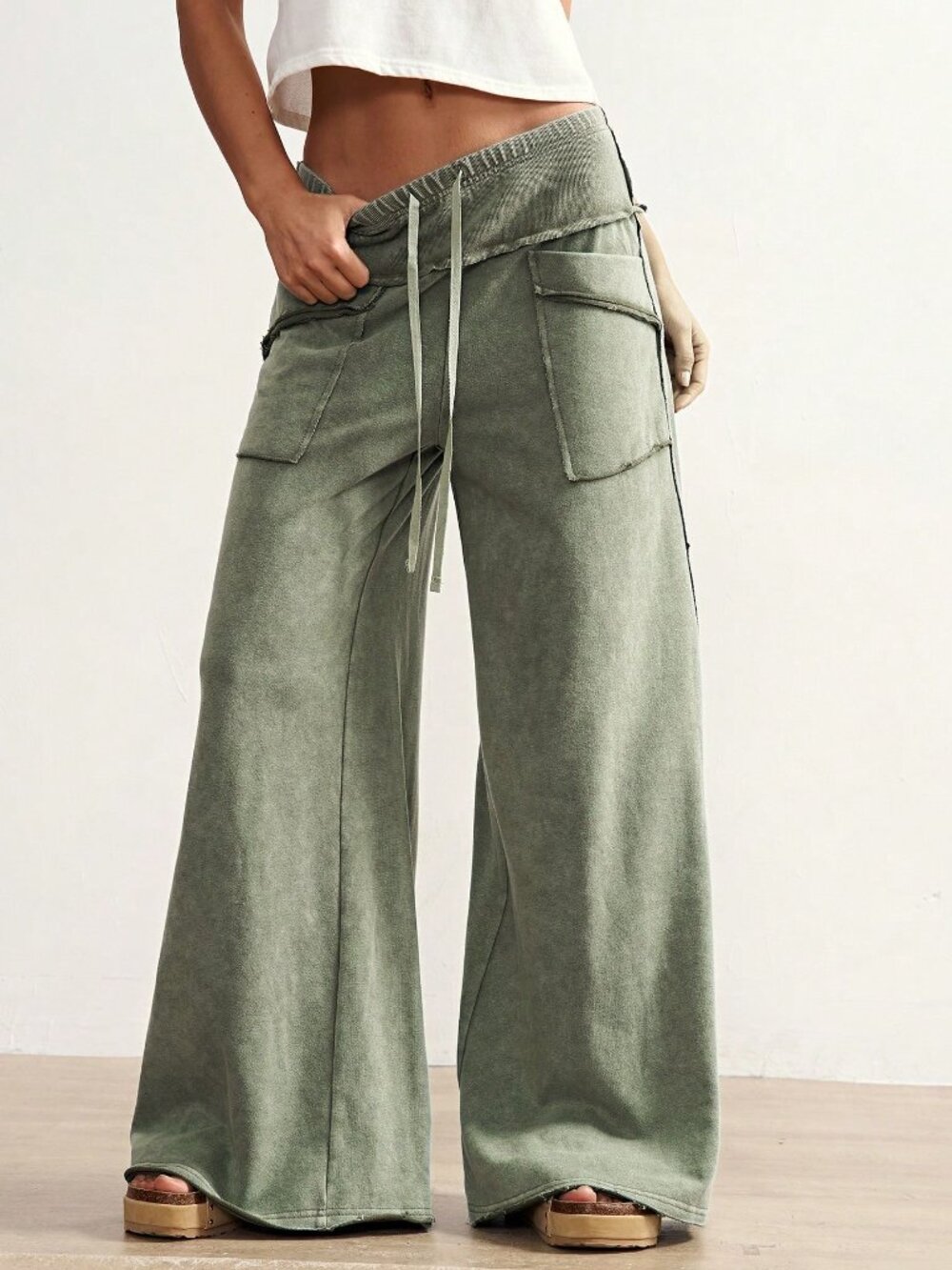 Army Green Casual Women's Streetwear Knit Pants - Picture 3 of 7